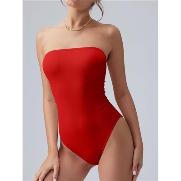 Womens Tube Bodysuits Strapless Basic Red - Picture 2 of 6